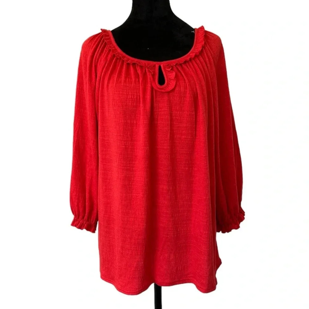 Max Studio Red Peasant Blouse Long Sleeve Keyhole Top Size 1X NWT